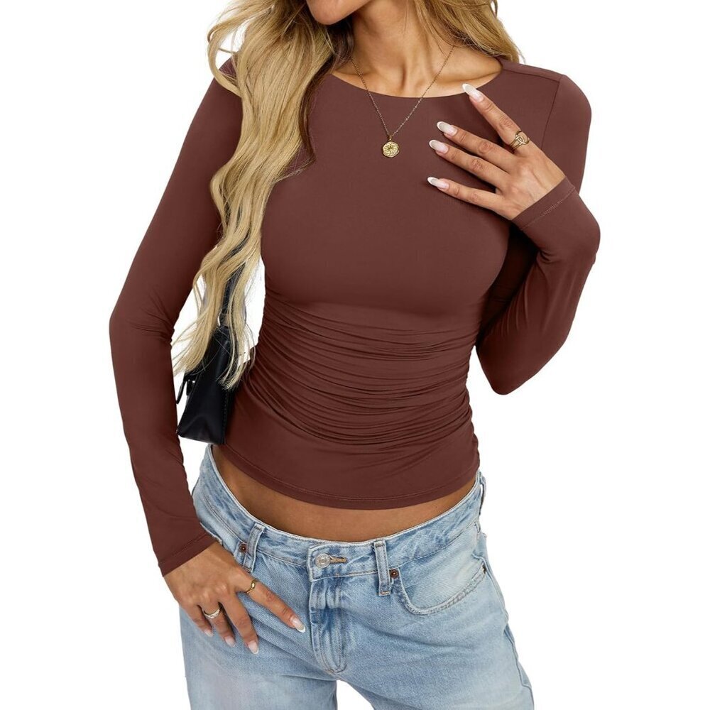 Women's Double Layered Long Sleeve Boat Neck Shirt Fitted Casual Top - Picture 6 of 6